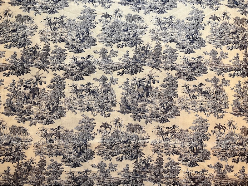 May include: A black and white toile fabric featuring a repeating pattern of dinosaurs and palm trees in a jungle setting.