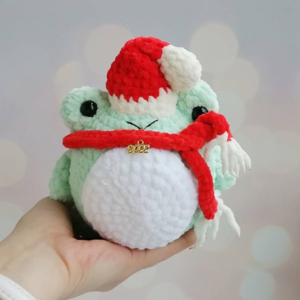 Crochet frog Strawberry hat Frog Plush,  Crochet Animals Kawaii Plush, Amigurumi Crochet Frog, Cute Hand-Made Stuffed Animal
