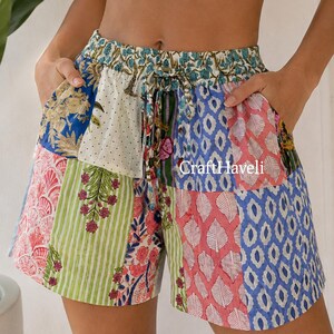 Kantha Patchwork Shorts, handgemaakte, gerecyclede katoenen boho lounge shorts van Sutra Lush