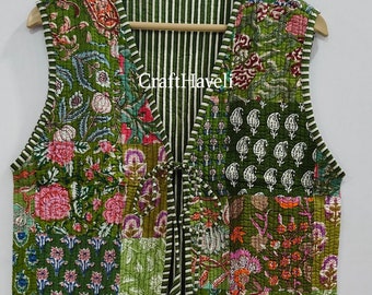 Handmade Cotton Quilted Vest: Vintage Style jacket, Green patchwork printed Waistcoat