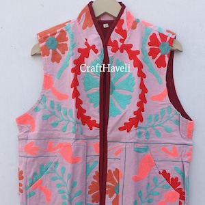 Cotton handmade suzani jacket vest, Hand embroidery vest jacket, women&#39;s jacket for winter season, Short vest jacket,
