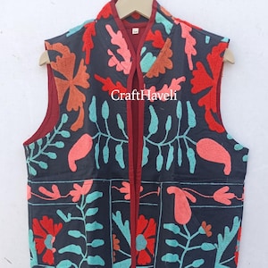 Cotton handmade suzani jacket vest, Hand embroidery vest jacket, women&#39;s jacket for winter season, Short vest jacket,