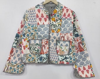Handmade Patchwork Cotton Quilted Jacket: Boho Winter Coat, Reversible Stripe Piping