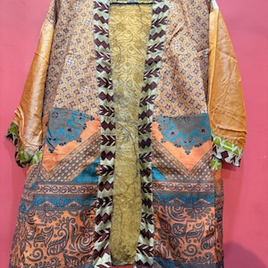 Vintage Silk Sari Patchwork Kimono Robe, Bohemian Open Jacket, Multicolor Lounge Wear