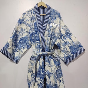 Blue Cotton Quilted Kimono Robe: Floral Print Winter Dressing Gown