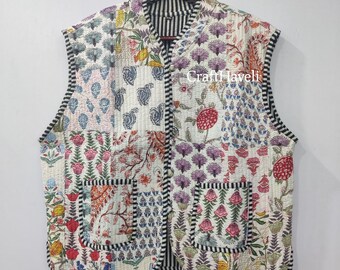 Handmade Indian Quilted Cotton Vest: White Patchwork Print Sleeveless Jacket