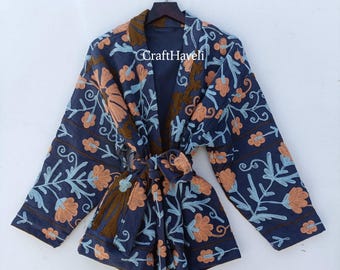 Hand Embroidered Suzani Jacket: Long Cotton Kimono Robe
