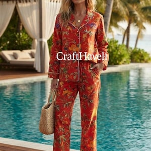 Cotton Pajama Set: Bird Floral Print Nightwear Women's Clothing