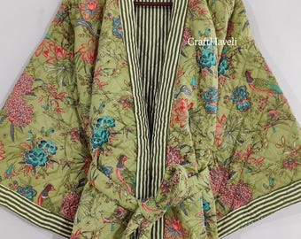 Quilted Cotton Kimono Robe: Green Bird Print, Reversible Winter Gown