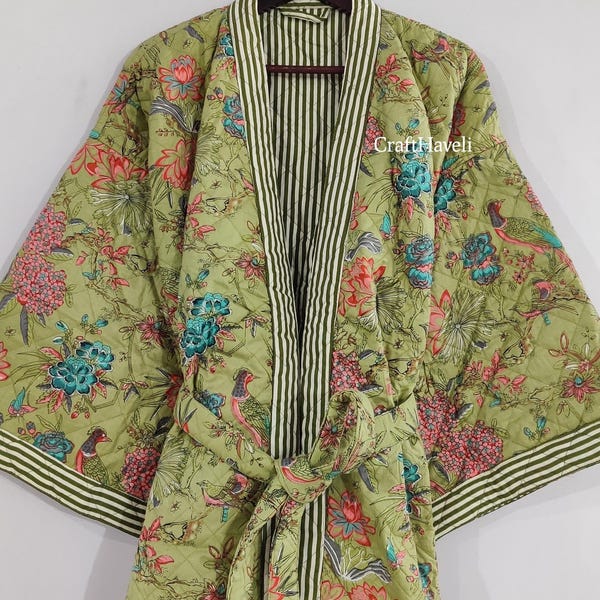 Quilted Cotton Kimono Robe: Green Bird Print, Reversible Winter Gown