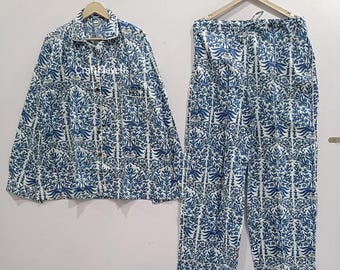 Handbedruckter Baumwollpyjama mit Blumenmuster, Boho-Loungewear