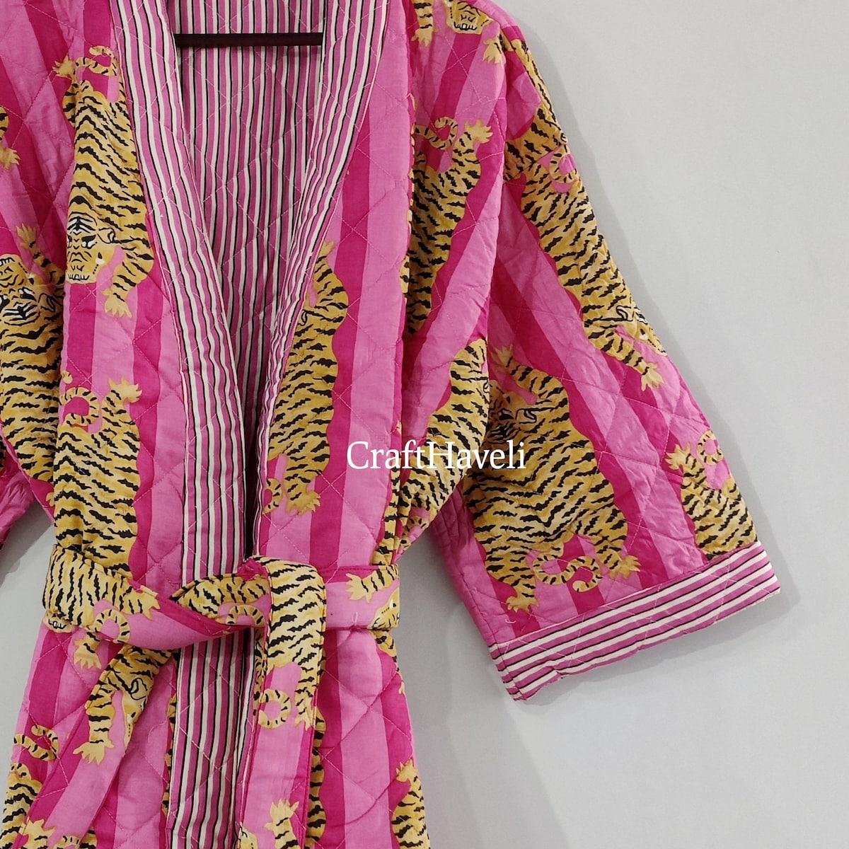 Quilted Cotton Kimono Robe: Green Bird Print, Reversible Winter Gown - Etsy