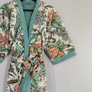 Reversible Quilted Cotton Robe: Boho Indian Block-Print Ikat