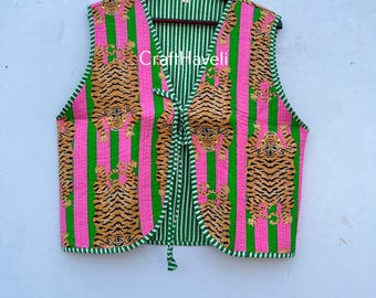 Handmade Reversible Cotton Vest: Indian Block Print Quilted Jacket