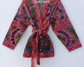 Embroidered Cotton Suzani Kimono Jacket: Long Winter Coat