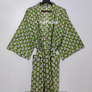 Bata kimono de algodón con estampado floral: bata india con estampado de bloques, vestido de verano