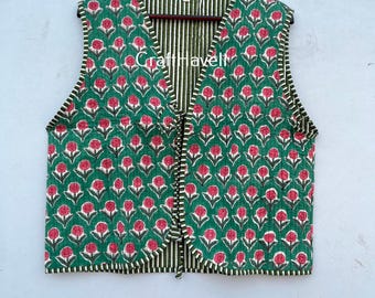 Cotton Quilted Vest: Vintage Style Floral Waistcoat, Handmade in India