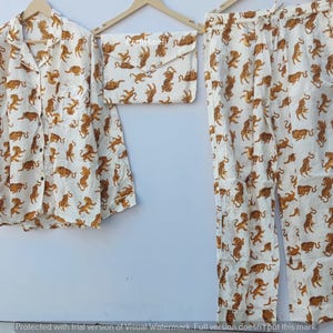 Cotton Pajama Set: White Tiger Block Print, Matching Shirt & Pants