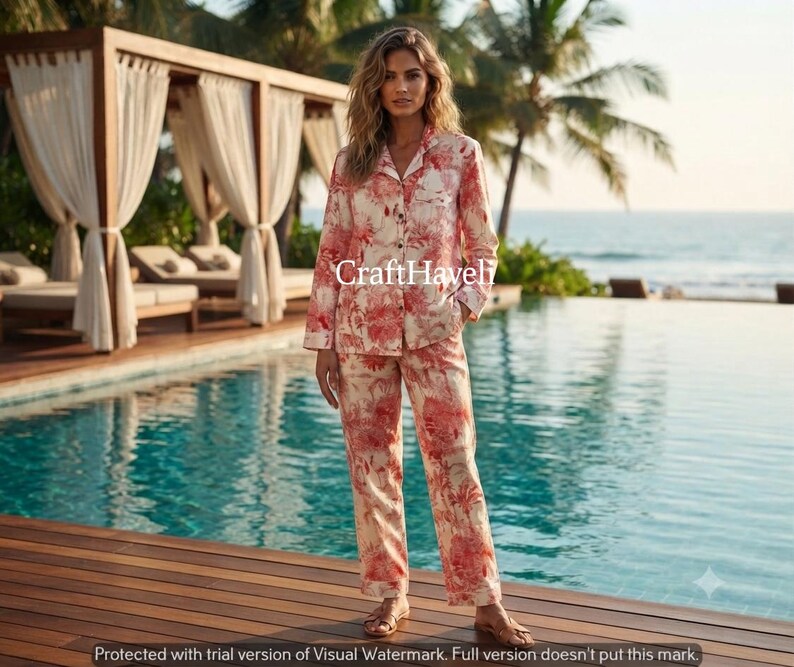 May include: A two-piece pajama set featuring a long-sleeved button-down shirt and matching trousers in a cream fabric with a red floral toile pattern. The shirt has a collar and a single chest pocket. The text CraftHaveli is visible in the center.