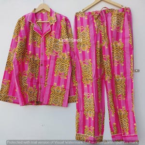 Indian cotton pajama set, Bridesmaid pajama set, loungewear set for women, Sleepwear night suit, women cotton dress, pink tiger pj set