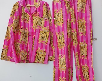 Handmade Cotton Pajama Set: Pink Tiger Print Loungewear