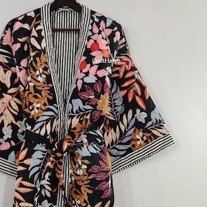 Handmade Quilted Cotton Robe: Reversible Ikat Print Kimono