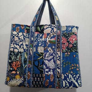 Bolsa de algodão acolchoado, bolsa tote com estampa de blocos para mulheres, bolsa de viagem estilo boho, bolsa de ombro feita à mão, bolsa de ombro grande reversível com estampa manual