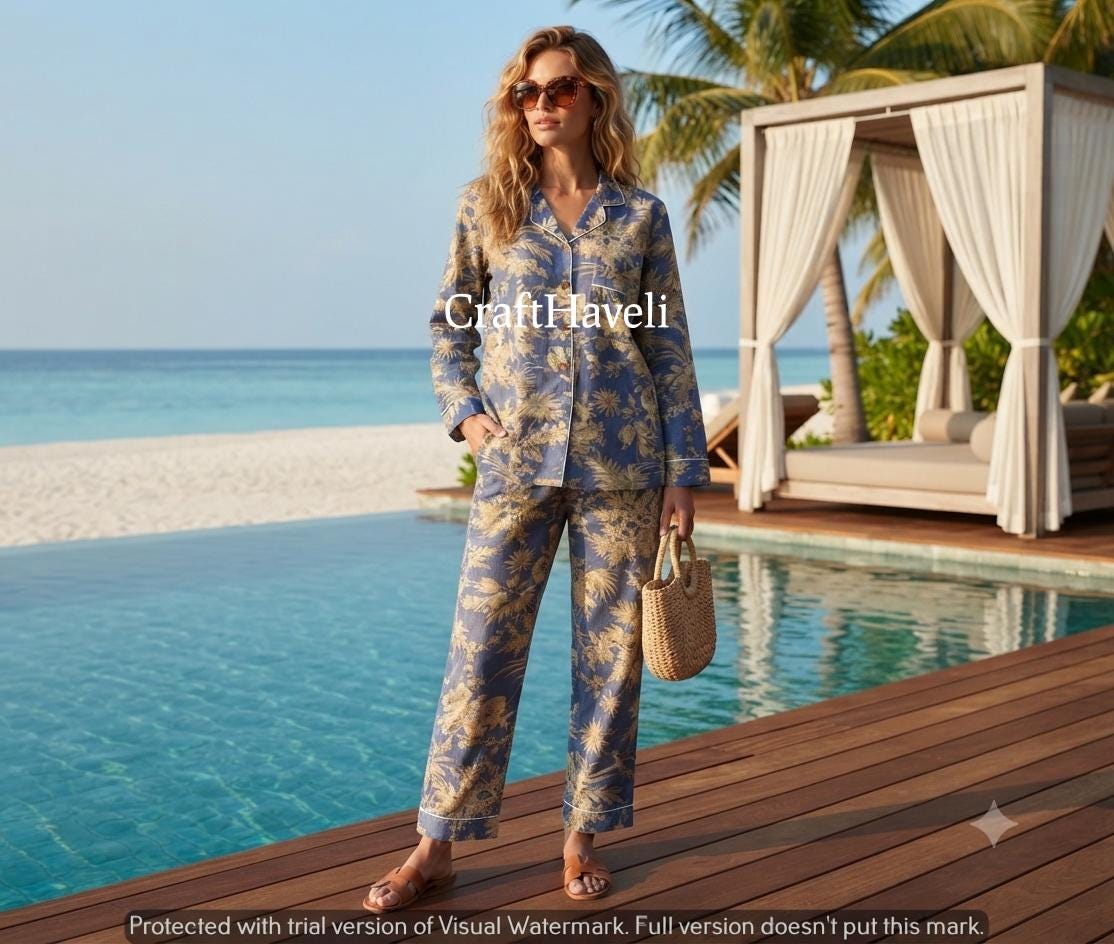 Handmade Floral Cotton Pajama Set: Boho Night Suit with Pouch