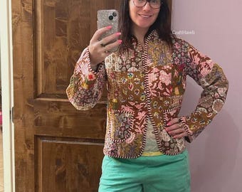Reversible Cotton Quilted Jacket: Floral Patchwork Bohemian Jacket