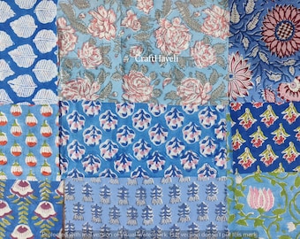 Blue Floral Fabric Scraps: 100% Cotton Hand Block Print Remnants