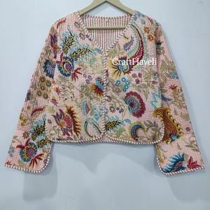Handmade Cotton Quilted Vest: Floral V-Neck Sleeveless Jacket
