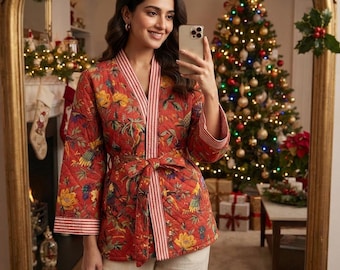 Handmade Cotton Quilted Kimono Robe: Rust Bird Print Jacket
