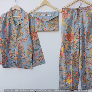 Cotton Pajama Set: Grey Floral Block Print Nightwear