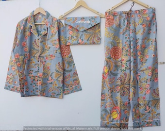 Cotton Pajama Set: Grey Floral Block Print Nightwear