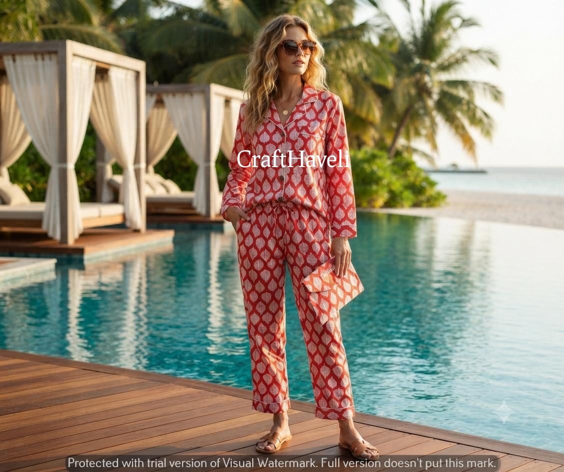 Hand Block Print Cotton Pajama Set: Women's Night Suit