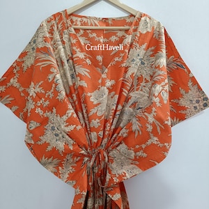 Summer Cotton Kaftan, Orange beach cover loungewear, Moroccan kaftan, Loose Kimono, Luxury Indian Kaftans, Goddess Gown, maxi dress