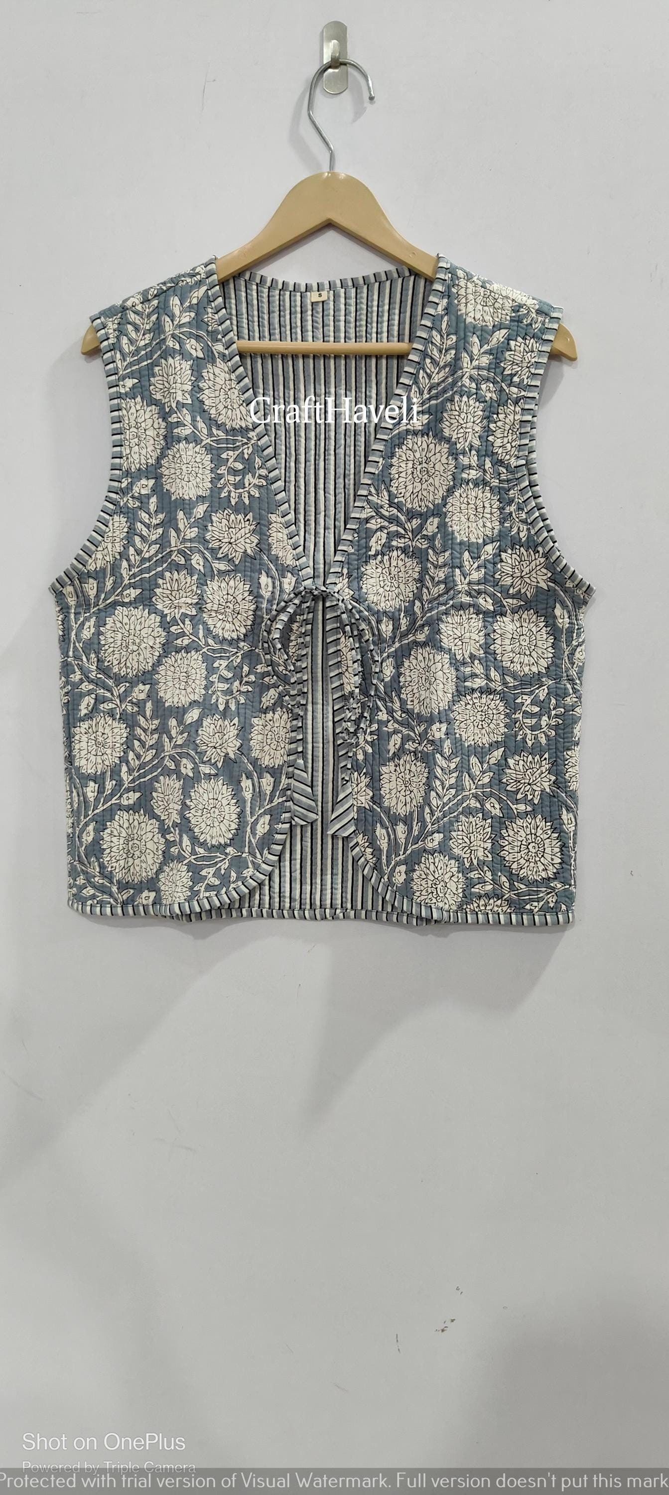 Handmade Cotton Quilted Vest: Reversible Floral Boho Jacket