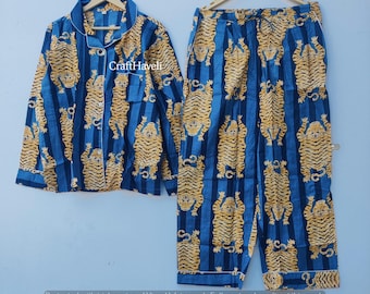Tiger Print Cotton Pajama Set | Women’s Night Suit | Animal Print Loungewear | Handmade Sleepwear