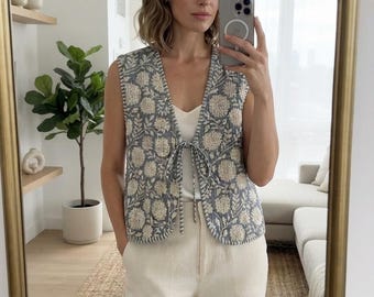 Handmade Cotton Quilted Vest: Reversible Floral Boho Jacket