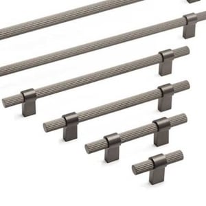 May include: A set of six brushed nickel cabinet pulls with a fluted design. The pulls range in size from 7.6 cm to 30.5 cm.
