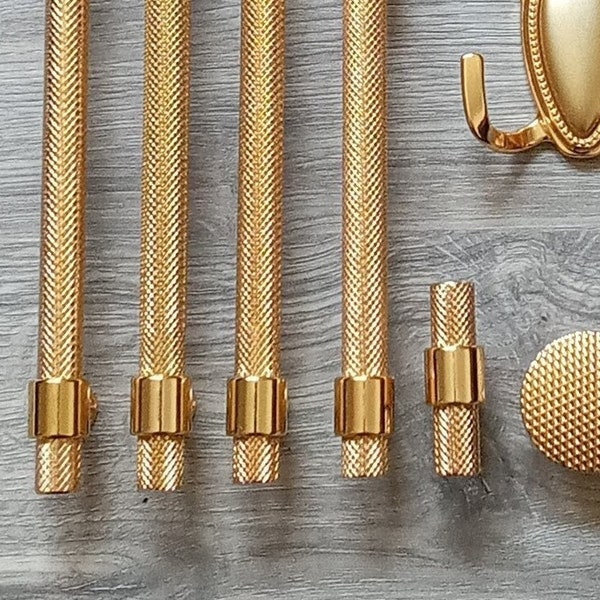 High-End Quality Modern Knurling Handles, Unique Knurled T Bar Solid Brass Handles, Kitchen Cabinet Knobs, Gold Brass Drawer Handles