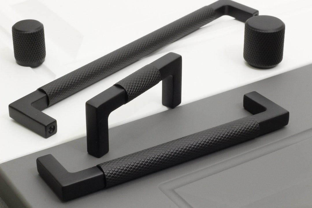 Modern and Premium Black Cabinet Handle, Knurled Brass Black Knobs, Stylish Dresser Drawer ...