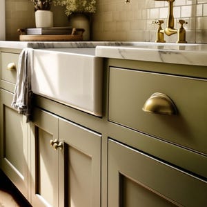 Op de afbeelding: Een close-up van een gootsteen met olijfgroene kasten en marmeren werkbladen. De witte boerderijgootsteen heeft een gouden rand. Gouden hardware accentueert de kasten en laden. Een grijze handdoek hangt aan de zijkant.