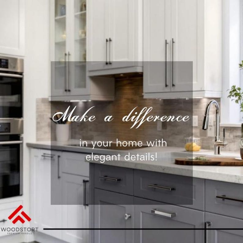 May include: A kitchen with white and grey cabinets, stainless steel appliances, and a white worktop. The cabinets have sleek, modern handles. The text "Make a difference in your home with elegant details!" is superimposed on the image.
