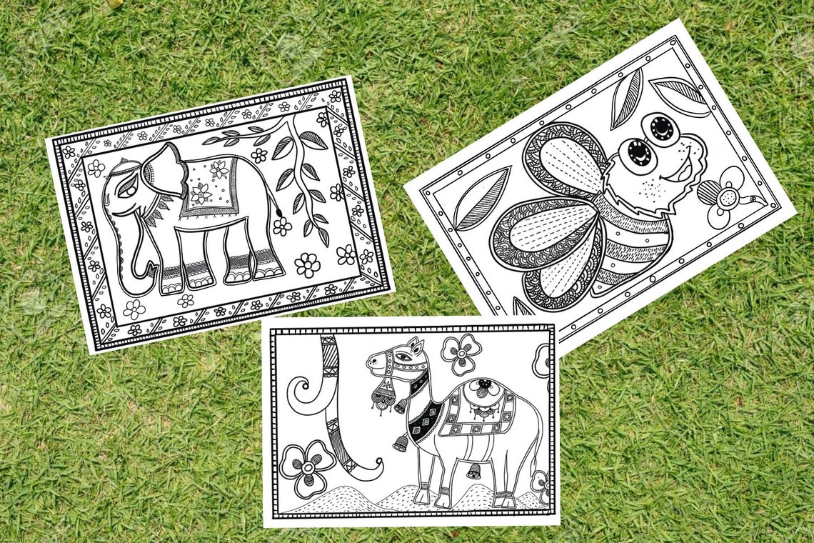 15 Pages of printable Madhubani art coloring drawing sheets | Etsy