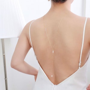 Real Pearl Bridal Back Necklace, Wedding Y Necklace, Bridesmaid Lariat Necklace, Delicate Backdrop Necklace, 14k Gold Filled image 1