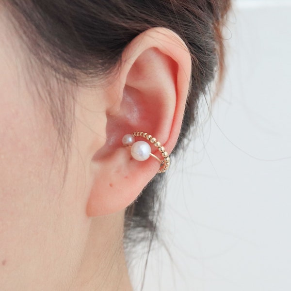 Real Pearl Ear Cuff, Genuine Pearl Cuff, No Piercing, Cross Ear cuff, Statement Ear Cuff, 14k Gold Filled Ear Cuff, Sterling Silver Ear Cuff