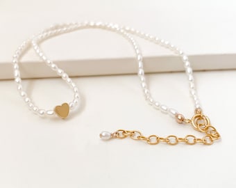 Dainty Freshwater Pearl Choker Necklace with Gold Heart, delicate pearl necklace, adjustable necklace, gift for her