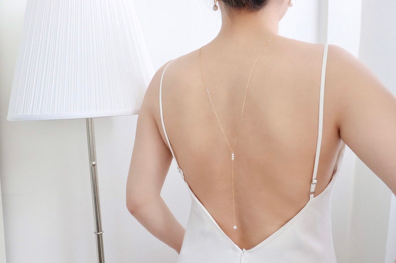 Real Pearl Bridal Back Necklace, Wedding Y Necklace, Bridesmaid Lariat Necklace, Delicate Backdrop Necklace, 14k Gold Filled afbeelding 2