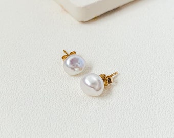 Small Baroque Pearl Ear Studs, Freshwater Keshi Pearl Earrings, Dainty Ear Studs, 14k Gold Filled, Sterling Silver